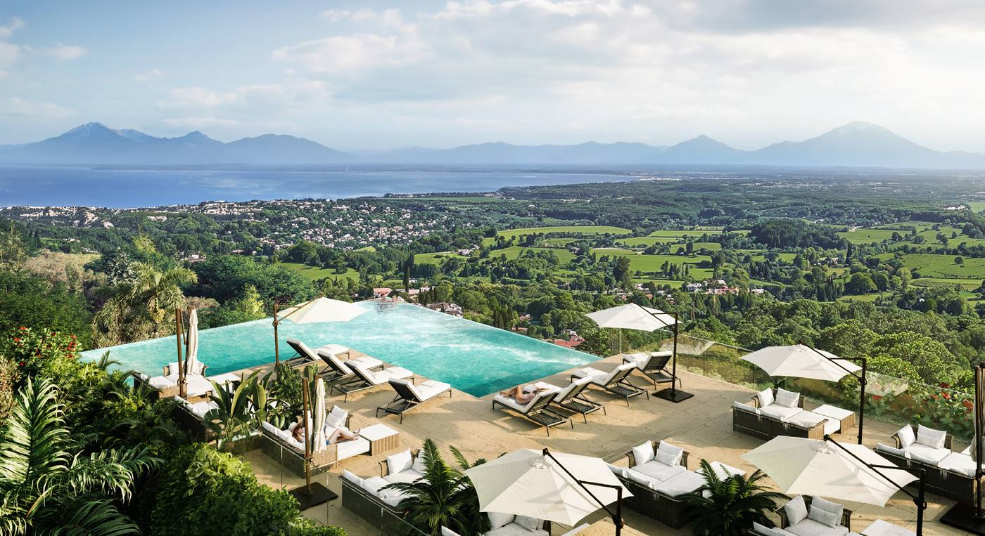 Render: villa terraces with pools above the green valley