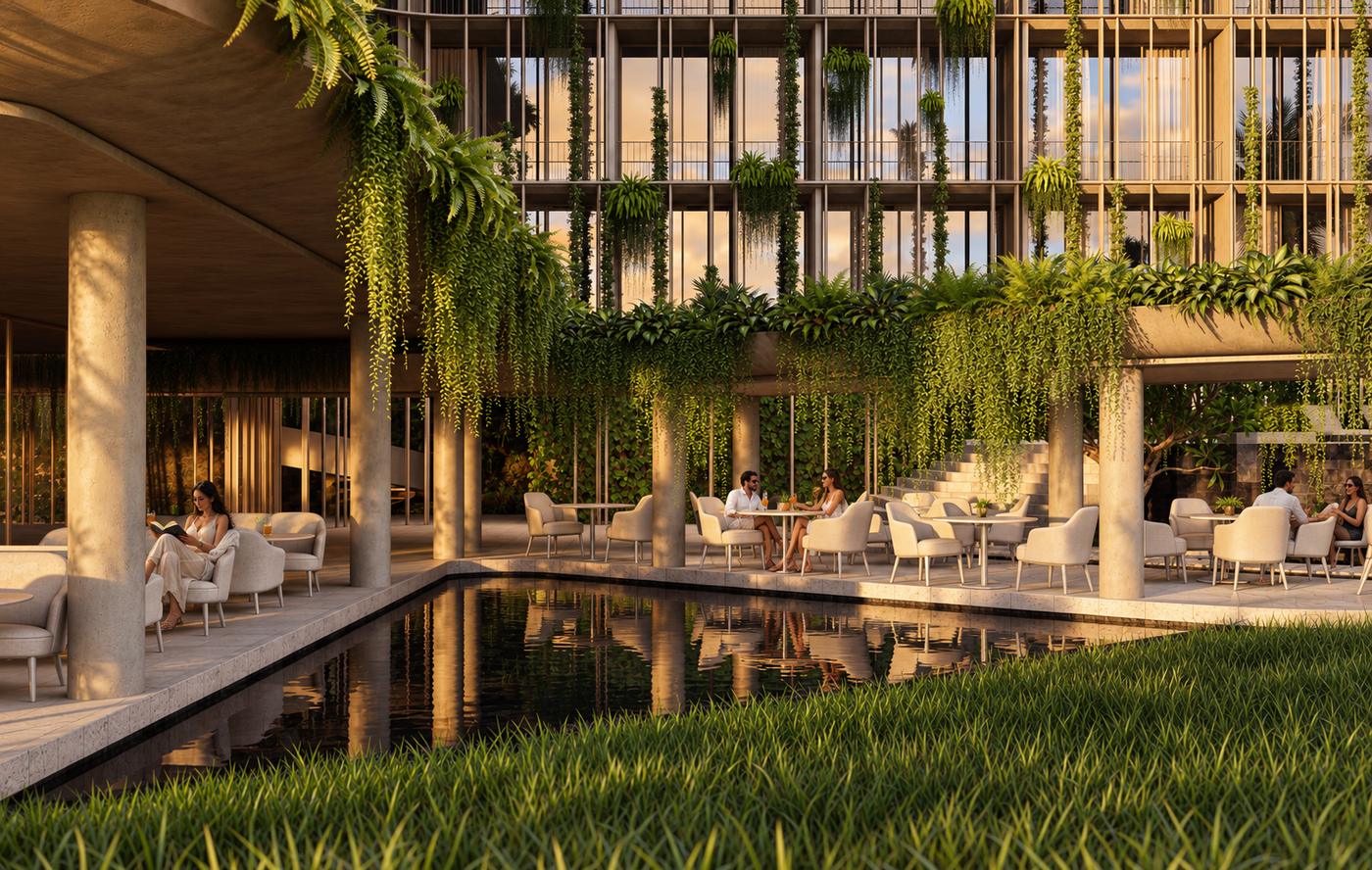 Render: boutique hotel cafe by the pool